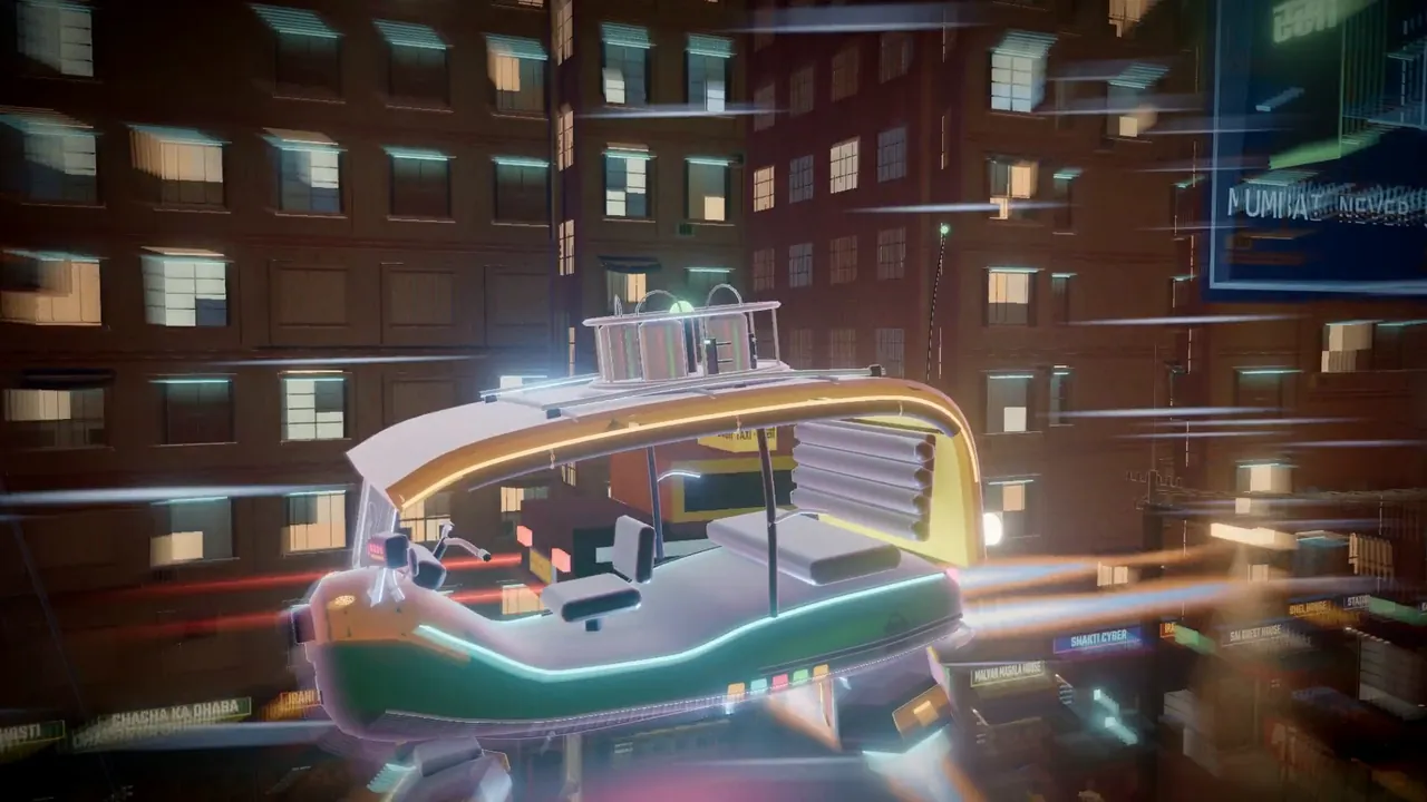 Close on a hover auto-rickshaw at speed, its pods glowing, neon towers streaking past.