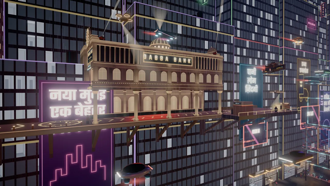 An ornate bank front bolted onto the side of a tower, drones and neon around it.