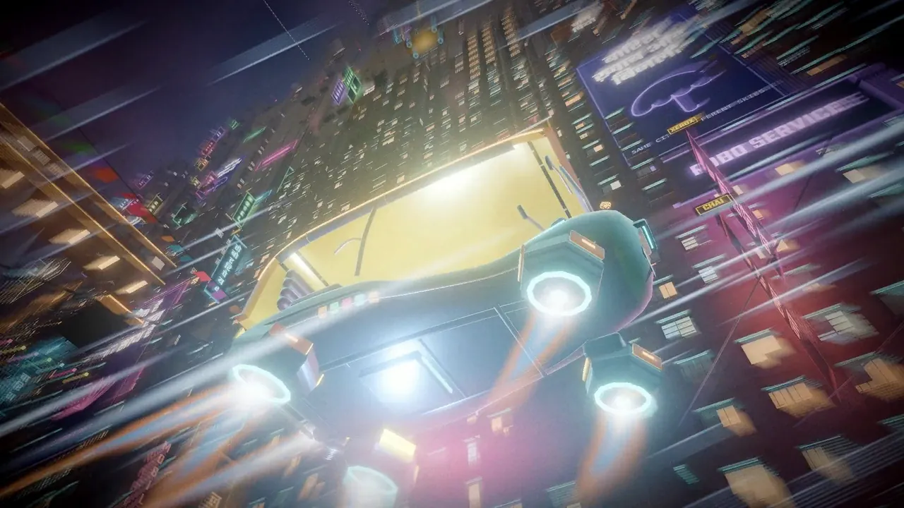 Close on the auto's glowing pods as it boosts past towers.