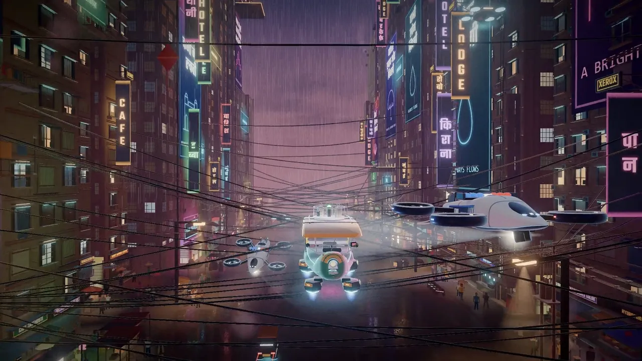 Sky Patrol drones close in on the auto with searchlights in a wire-strung street.