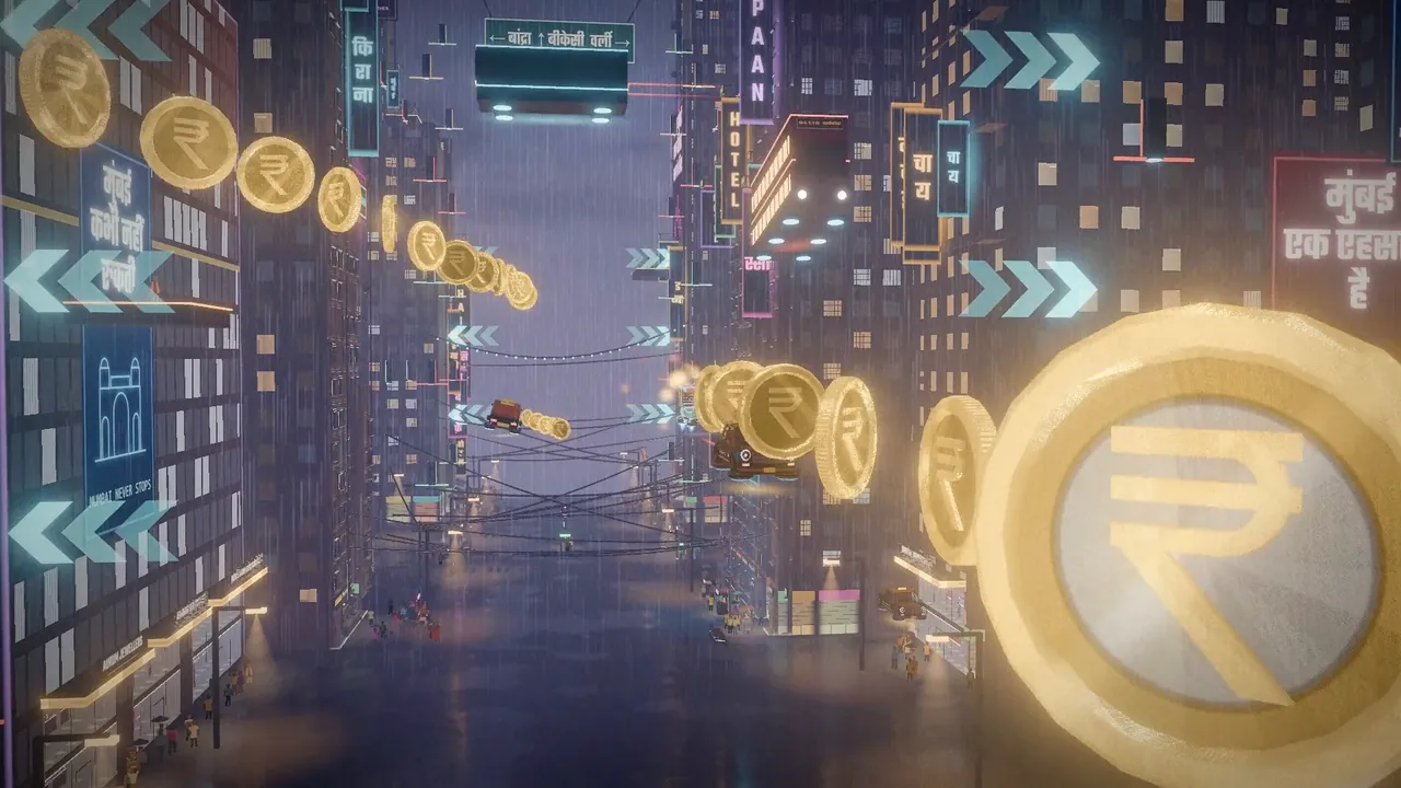 A line of gold rupee coins curves down the street to a big ten-rupee coin.