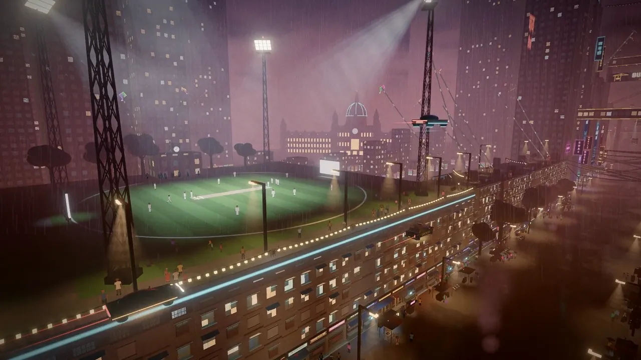 A floodlit cricket ground on a raised deck beside the street at night.