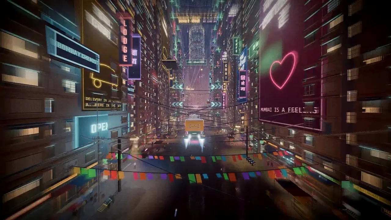 The auto flies down a street strung with festival bunting, neon signs on both walls.