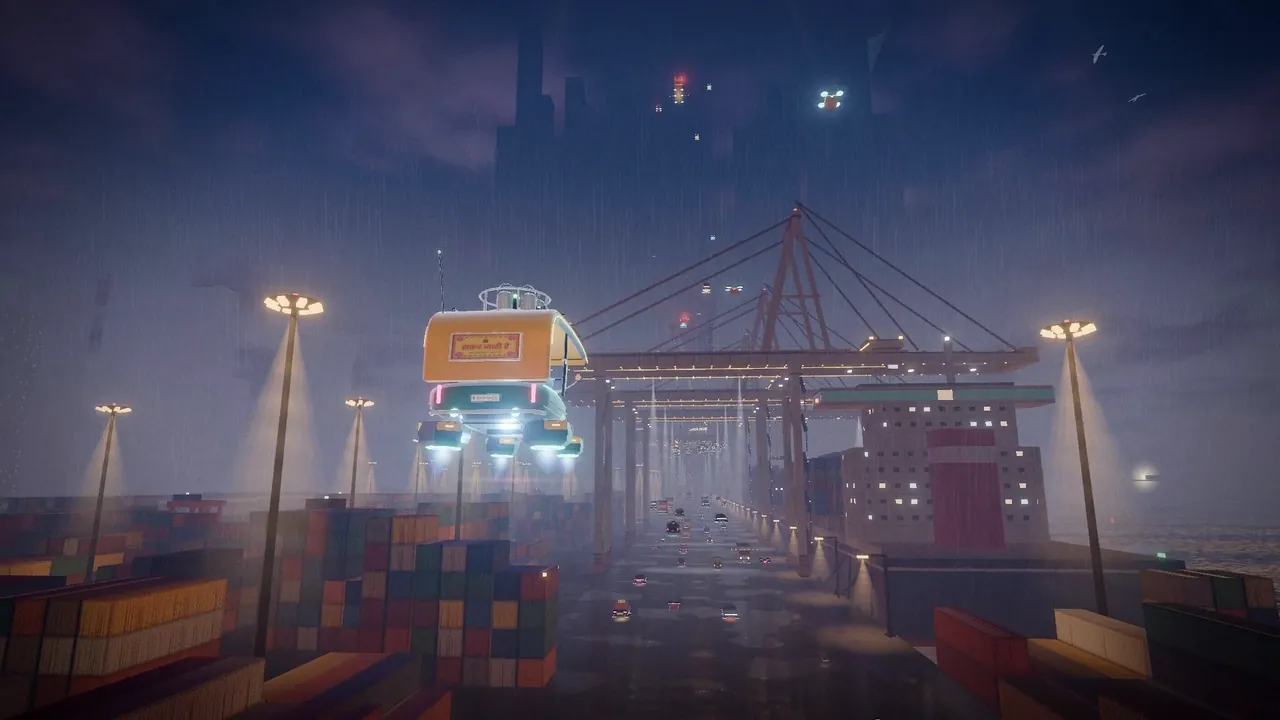 The auto flies past quay cranes and stacked containers at the docks.