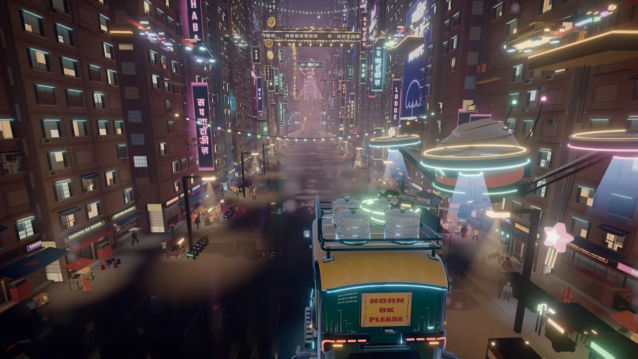 A small flying robot lowers a tiffin box onto the roof rack of a hover auto-rickshaw in a neon street.