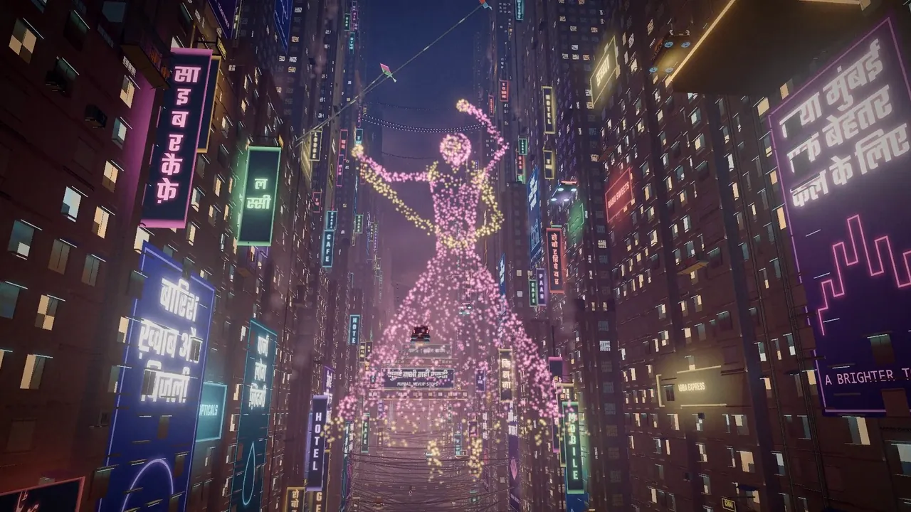 A giant hologram of a Kathak dancer, made of points of light, over a neon street.