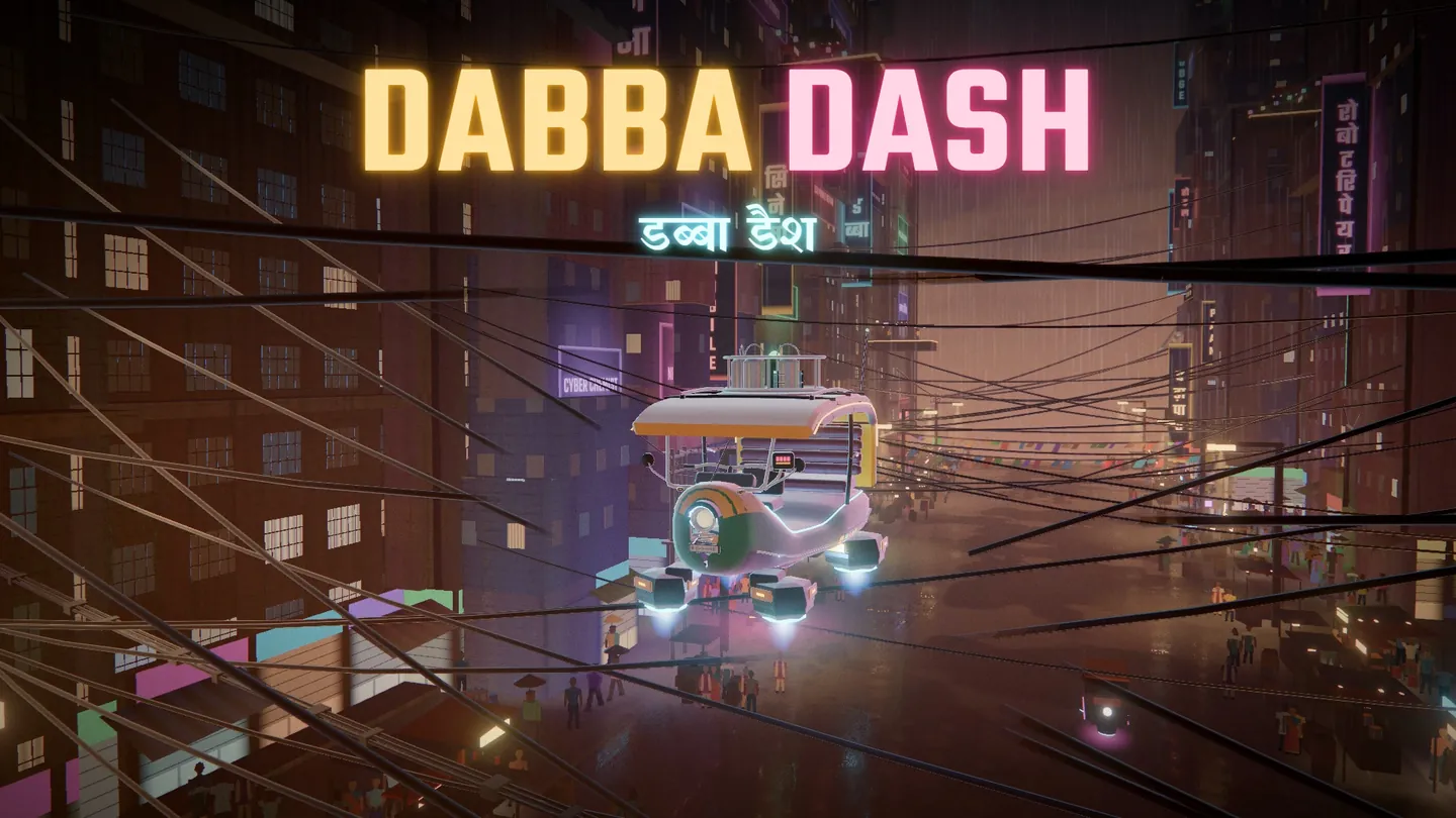 Dabba Dash key art: a hover auto-rickshaw flies under a web of wires through a rainy neon street in Neo-Mumbai, under the glowing DABBA DASH title.