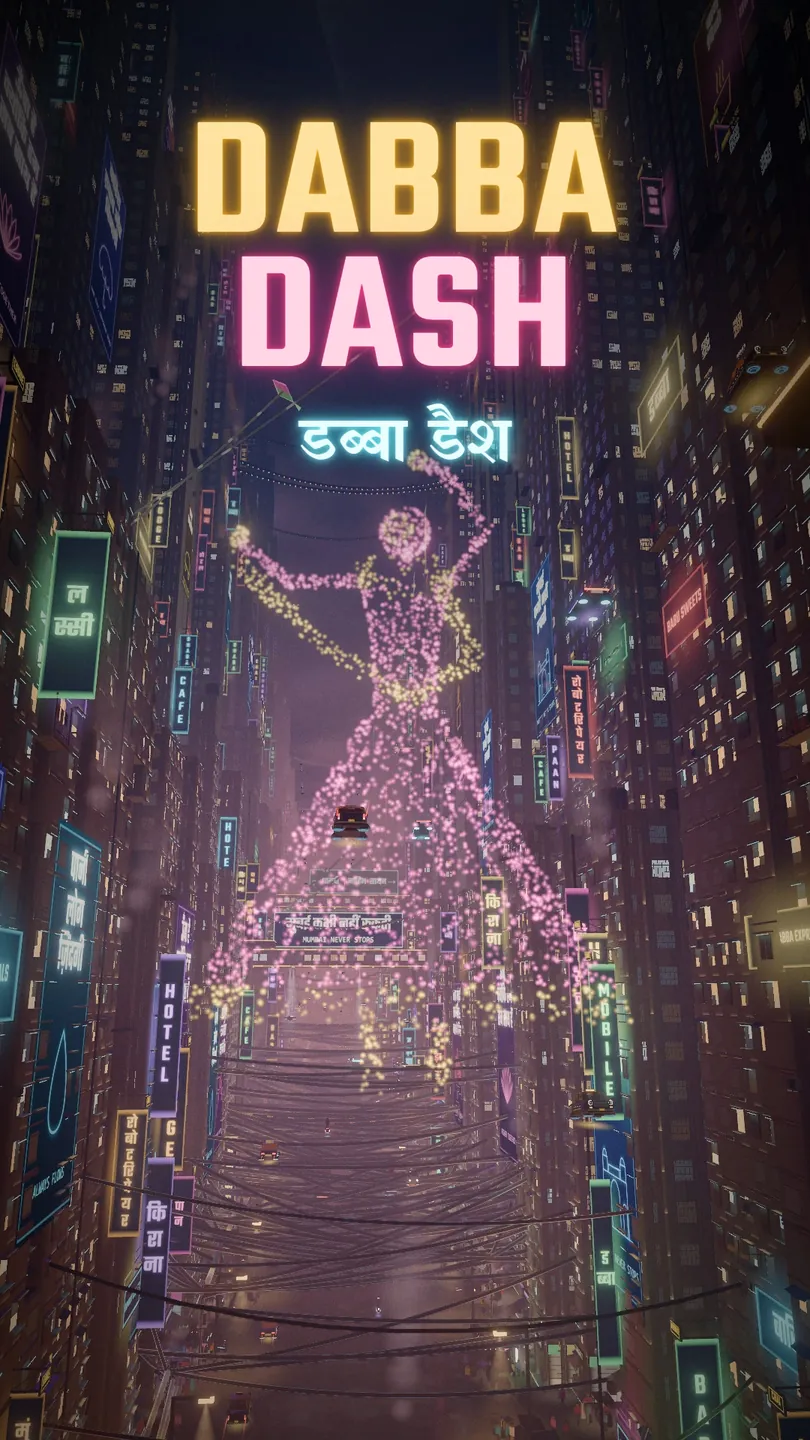 Dabba Dash key art, vertical: a Kathak hologram towering over a canyon of neon signs.