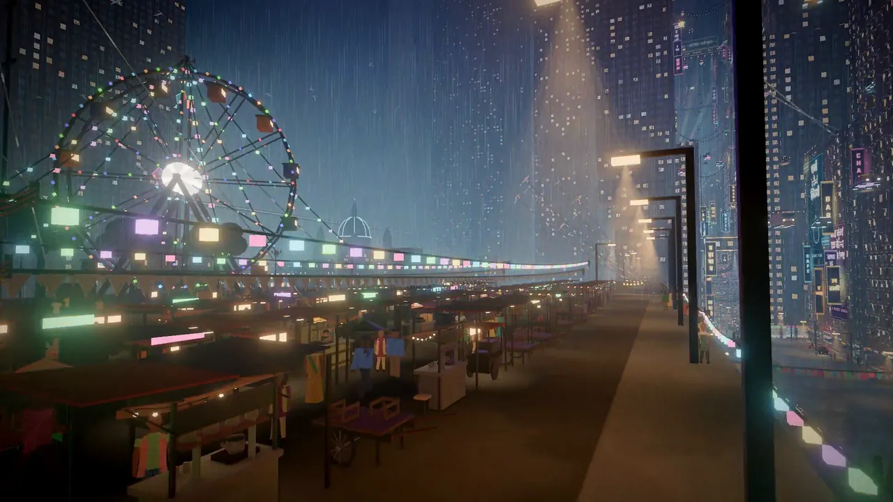 A fairground with a lit giant wheel and food stalls on a raised deck in the rain.