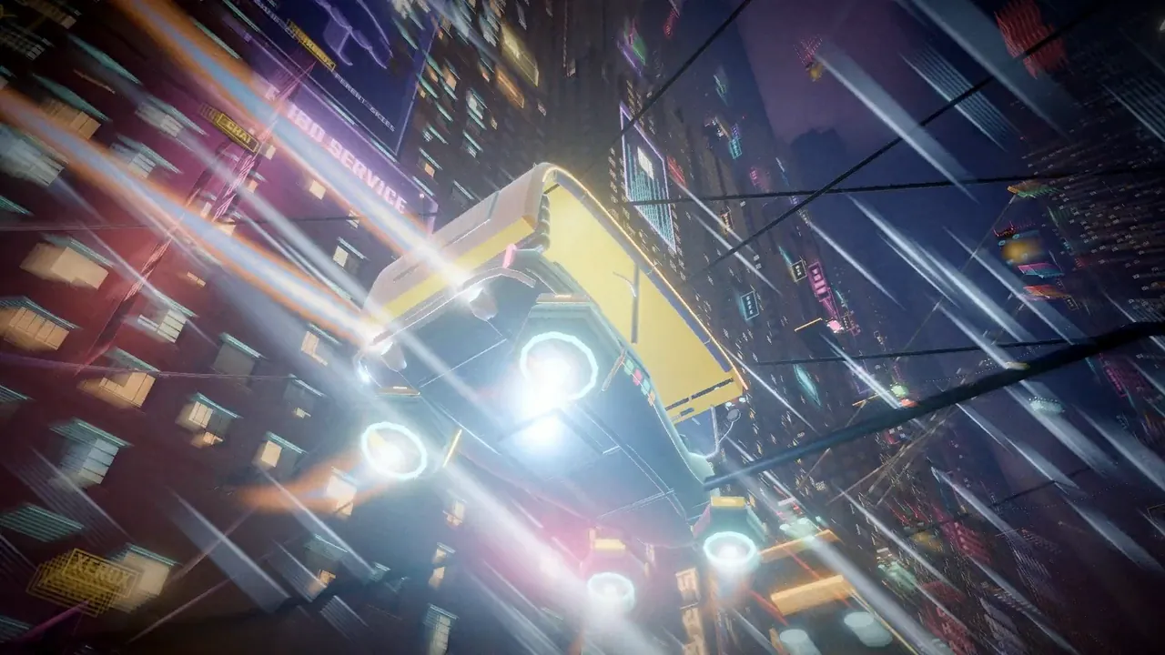 The Dabba Dash hover auto-rickshaw tears down a neon street in a streak of light.