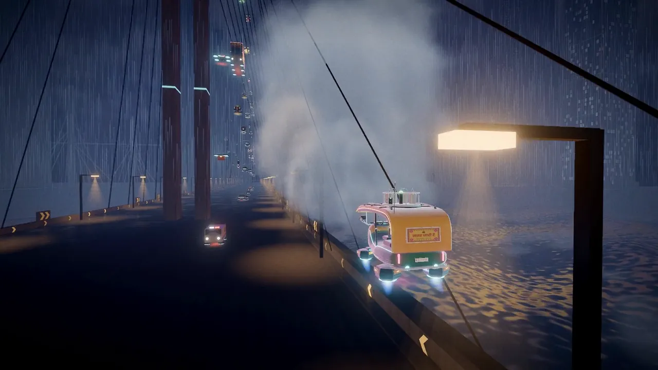 The auto crosses a cable-stayed bridge over a stormy sea as a wave breaks over the deck.