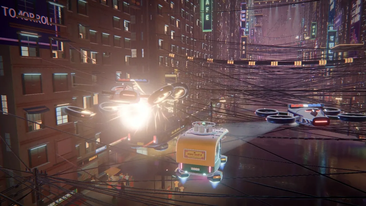 A Sky Patrol drone bursts into a flash of light behind the auto.