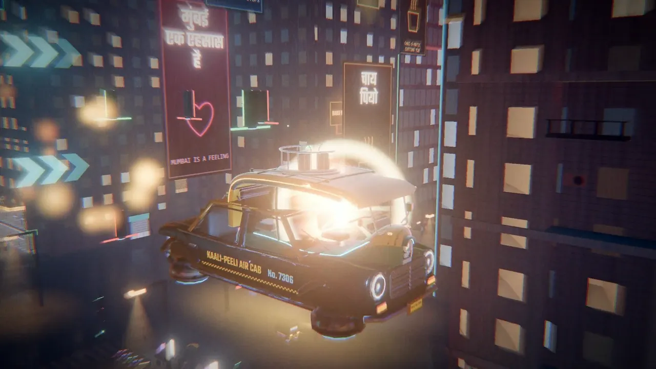 A black and yellow hover taxi flies through a burst of golden light among neon signs.
