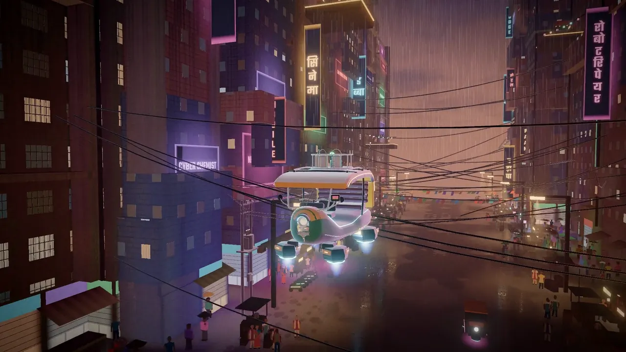 The auto threads a dense web of street cables between tall buildings.